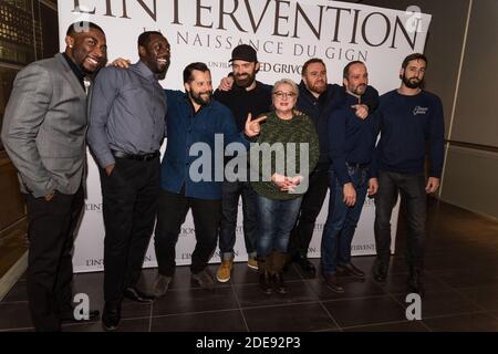 From left to right, Nabil Azoufi, Kevin Layne, actors, Fred Grivois, Director, Alban Lenoir, Josianne Balasko, Michael Abiteboul, Sebastien Lalanne and Guillaume Labbé, actors, at the preview showing of the movie 'L'intervention' in Paris, France, January 28th 2019. Photo by Daniel Derajinski/ABACAPRESS.COM Stock Photo