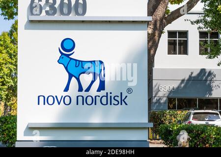 Sep 17, 2020 Fremont / CA / USA - Novo Nordisk logo at their headquarters in Silicon Valley; Novo Nordisk A/S is a Danish multinational pharmaceutical Stock Photo