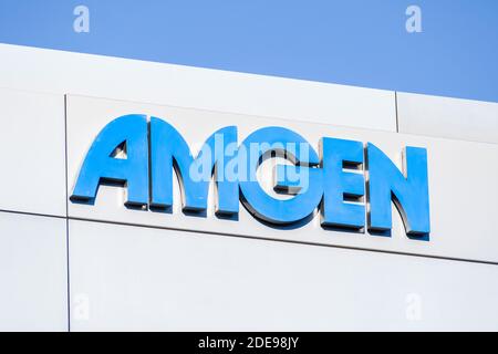 Sep 21, 2020 South San Francisco / CA / USA - Amgen sign at their headquarters in Silicon Valley; Amgen Inc. is an American multinational biopharmaceu Stock Photo