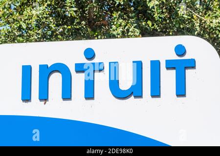 Sep 29, 2020 Mountain View / CA / USA - Intuit logo at their Silicon Valley headquarters; Intuit Inc is an American company that develops and sells fi Stock Photo