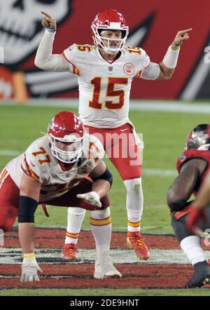 Kansas City Chiefs quarterback Patrick Mahomes (15) works out prior to an  NFL pre-season football game against the Washington Commanders Saturday,  Aug. 20, 2022, in Kansas City, Mo. (AP Photo/Peter Aiken Stock