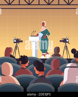 arab female doctor giving speech at tribune with microphone medical conference meeting medicine healthcare concept lecture hall interior vertical vector illustration Stock Vector