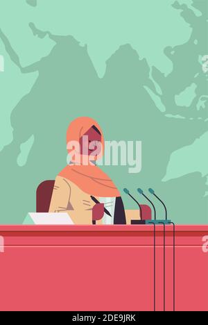 black muslim female doctor giving speech at tribune with microphone medical conference medicine healthcare concept portrait vertical vector illustration Stock Vector