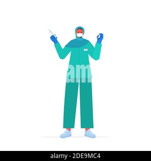 female doctor in medical mask holding syringe and bottle vial coronavirus vaccine development fight against covid-19 concept full length vector illustration Stock Vector