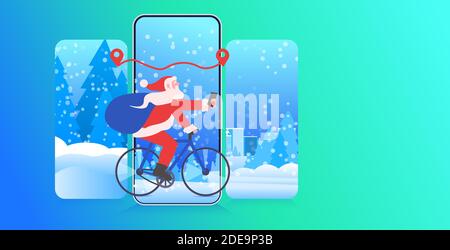 santa claus riding bicycle and using navigation app on smartphone happy new year merry christmas holidays celebration concept full length horizontal vector illustration Stock Vector