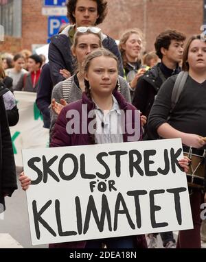 Swedish 16-year-old climate activist Greta Thunberg takes part in a march for the environment and the climate organised by students, in Brussels, Belgium on February 21, 2019. Greta Thunberg, the 16-year-old Swedish climate activist who has inspired pupils worldwide to boycott classes, urged the European Union on February 21, 2019 to double its ambition for greenhouse gas cuts. Photo by Sylvain Lefevre/ABACAPRESS.COM Stock Photo