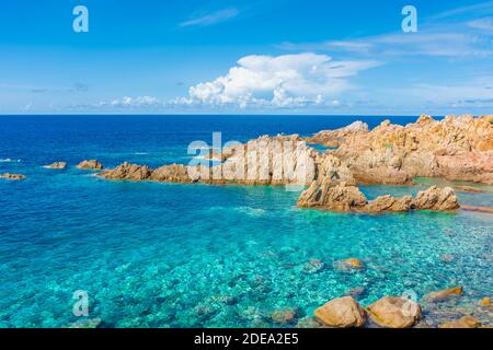 Crystal clear waters of Li Cossi beach, Sardinia, Italy Stock Photo