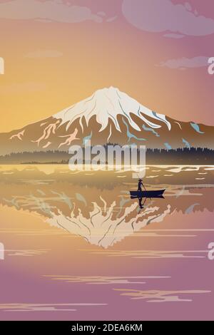 A magnificent view of the mountain in pink tones. Stock Vector