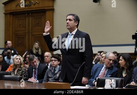 Michael Cohen, former attorney for President Donald Trump is sworn in before testifying before the House Oversight Committee on Capitol Hill February 27, 2019 in Washington, DC. Photo by Olivier Douliery/ABACAPRESS.COM Stock Photo