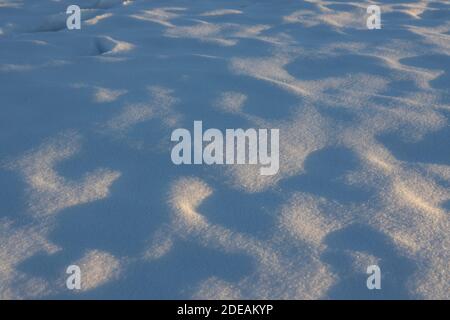 Background of fresh white snow. Winter snowflakes texture. Shiny snow with bokeh. Selective focus. Stock Photo