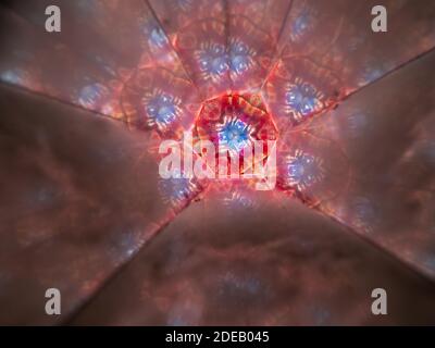 Red, blue, yellow, orange, and white symmetrical pattern seen through a kaleidoscope. Stock Photo
