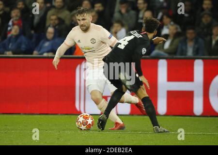 Manchester United's Luke Shaw during the UEFA Champions League round of 16 second-leg football match between Paris Saint-Germain (PSG) and Manchester United at the Parc des Princes stadium in Paris on March 6, 2019. Manchester United won 3-1 and qualified for the 1/4. Photo by Henri Szwarc/ABACAPRESS.COM Stock Photo