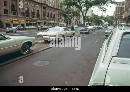 'Cars were illegally parked on traffic ''islands''; sidewalks the grass; bus lanes and near fireplugs during a bus strike in Washington D.C.; in may; 1974 ca. 1974' Stock Photo