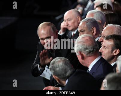 Jerusalem, Israel. 29th Nov, 2020. Russian President Vladimir Putin greets other leaders during the Fifth World Holocaust Forum at the Yad Vashem Holocaust memorial museum in Jerusalem, Israel, on Thursday, January 23, 2020. World leaders are marking the 75th anniversary of the liberation of the Nazi extermination camp Auschwitz. Pool Photo by Abil Sultan/UPI Credit: UPI/Alamy Live News Stock Photo