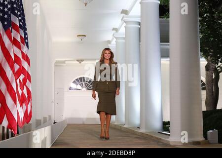 Washington, United States. 29th Nov, 2020. US First Lady Melania Trump walks down the Colonnade to deliver a speech during the second night of the Republican National Convention, in the Rose Garden at the White House in Washington, DC, on Tuesday, August 2020. Due to the coronavirus pandemic the Republican Party has moved to a televised format for its convention. Photo by Michael Reynolds/UPI Credit: UPI/Alamy Live News Stock Photo