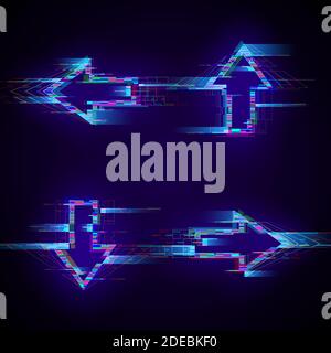 Set of futuristic cyberpunk glitch arrows. Modern glowing pointers with distortion effect. Good for design promo electronic music events, game titles Stock Vector