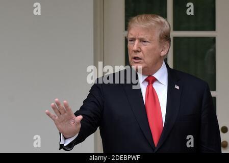 US President Donald Trump gestures in the Rose Garden of the White House, on Monday, March 25, 2019. Photo by Olivier Douliery/ABACAPRESS.COM Stock Photo