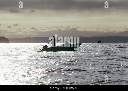 1970s Photo (1973) -  Salmon fishermen mooching (drift fishing a tide rip) on Puget Sound off Point Defiance Stock Photo