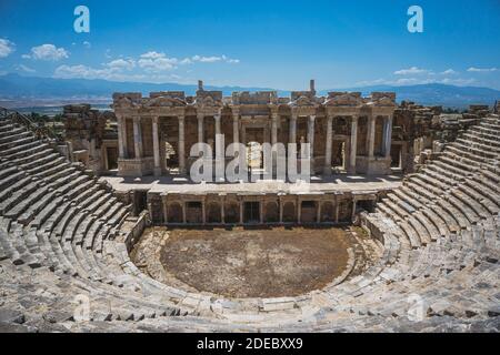 Hierapolis Ancient City Theater, Pamukkale, Denizli, Turkey. Roman Theater view from inside. Stock Photo