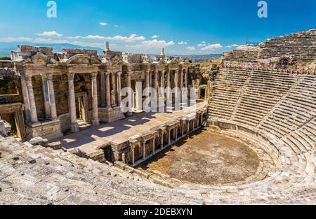 Hierapolis Ancient City Theater, Pamukkale, Denizli, Turkey. Roman Theater view from inside. Stock Photo