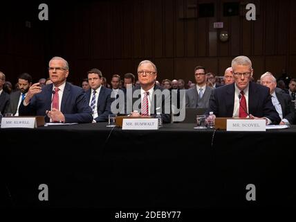 From left to right: Daniel Elwell, Acting Administrator, Federal Aviation Administration (FAA); Calvin Scovel, Inspector General, Department of Transportation; and Robert Sumwalt, Chairman, National Transportation Safety Board (NTSB), testify before the United States Senate Committee on Commerce, Science, and Transportation Subcommittee on Aviation and Space, during a hearing titled, 'The State of Airline Safety: Federal Oversight of Commercial Aviation' to examine problems with the Boeing 737 Max aircraft highlighted by the two recent fatal accidents. Washington, USA on March 27, 2019. Photo Stock Photo