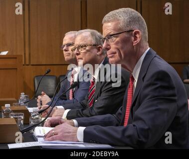 From left to right: Daniel Elwell, Acting Administrator, Federal Aviation Administration (FAA); Calvin Scovel, Inspector General, Department of Transportation; and Robert Sumwalt, Chairman, National Transportation Safety Board (NTSB), testify before the United States Senate Committee on Commerce, Science, and Transportation Subcommittee on Aviation and Space, during a hearing titled, 'The State of Airline Safety: Federal Oversight of Commercial Aviation' to examine problems with the Boeing 737 Max aircraft highlighted by the two recent fatal accidents. Washington, USA on March 27, 2019. Photo Stock Photo