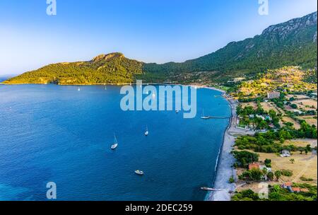 Aerial view from Marmaris cove, Kumlubuk beach, sea and mountain. Holiday and summer background.