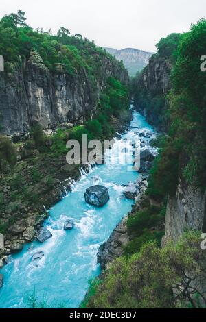 Amazing river landscape from Koprulu Canyon in Manavgat, Antalya, Turkey. Blue river. Rafting tourism. Aerial view of Koprucay Stock Photo