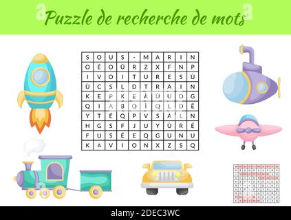 Puzzle de recherche de mots - Word search puzzle with pictures. Educational game for study French words. Kids activity worksheet Stock Vector