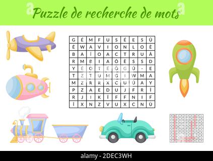 Puzzle de recherche de mots - Word search puzzle with pictures. Educational game for study French words. Kids activity worksheet Stock Vector