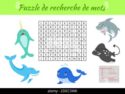 Puzzle de recherche de mots - Word search puzzle with pictures. Educational game for study French words. Kids activity worksheet Stock Vector