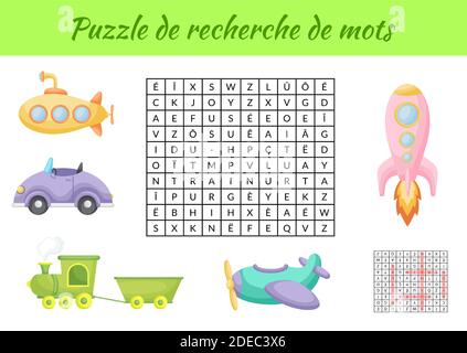 Puzzle de recherche de mots - Word search puzzle with pictures. Educational game for study French words. Kids activity worksheet Stock Vector