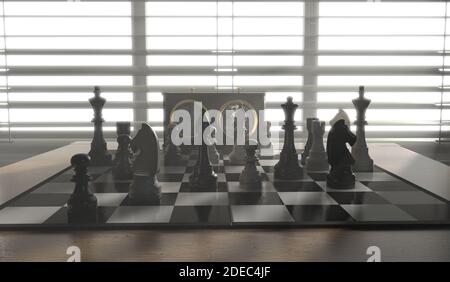 A completed chess game setup on a table with opposing chairs in a dark room  backlit by a bright window light - 3D render Stock Photo - Alamy