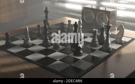 A completed chess game setup on a table with opposing chairs in a dark room backlit by a bright window light - 3D render Stock Photo