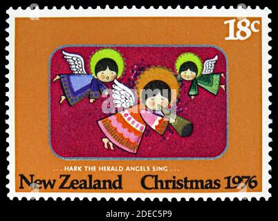 MOSCOW, RUSSIA - OCTOBER 25, 2020: Postage stamp printed in New Zealand shows Angels, Christmas serie, circa 1976 Stock Photo