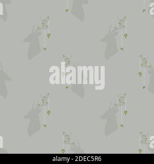 boho seamless pattern with deer head with antlers, feathers and flowers, green leaves and wild berry sprig. Wild nature ornament on grey background. E Stock Vector
