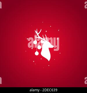 White silhouette of deer head with antlers, christmas tree toy balls on horns, snow and stars. vector flat icon isolated on red background. Christmas Stock Vector