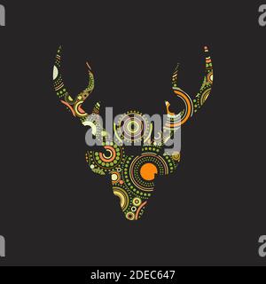 Beautiful ethnic card with silhouette of deer head made of mandalas, dots and circles. Wild nature composition isolated on black. Fantasy vector illus Stock Vector