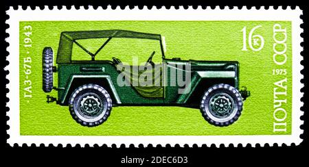 MOSCOW, RUSSIA - OCTOBER 25, 2020: Postage stamp printed in Soviet Union shows Field Car 'GAZ-67B' (1943), Vehicles serie, circa 1975 Stock Photo