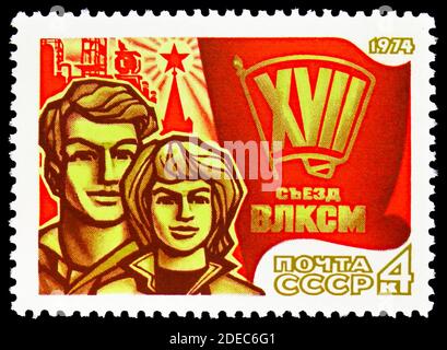 MOSCOW, RUSSIA - OCTOBER 25, 2020: Postage stamp printed in Soviet Union shows 17th Komsomol Congress, serie, circa 1974 Stock Photo