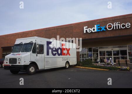 A FedEx Ground delivery truck is seen outside a FedEx office in Beaverton, Oregon. Stock Photo