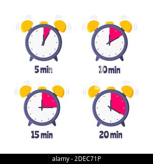 Minutes countdown on analog clock face flat style design vector illustration icon sign set isolated on white background. Analogue wall clock minutes t Stock Vector