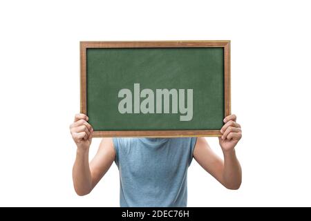 Man hand holding a small green board isolated on white background. with clipping path. Stock Photo