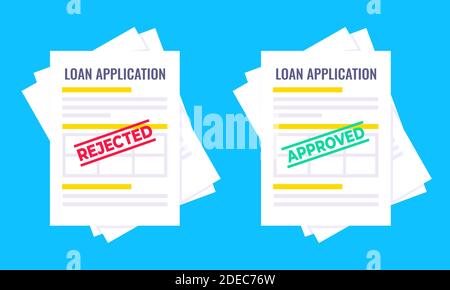 Rejected and approved credit or loan forms set with claim form on it, paper sheets isolated on blue background Stock Vector