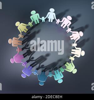 Families holding hands forming a circle alltogether. 3D illustration. Stock Photo