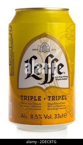 Can of belgian Leffe Tripel beer isolated on a white background Stock Photo