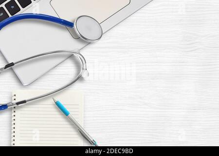 Stethoscope medical on a laptop keyboard with copy space. Healthcare and medicine or antivirus protection concept Stock Photo