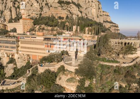 Barcelona, Spain - Feb 23, 2020: Aerial view of Abbey Montserrat in morning Stock Photo