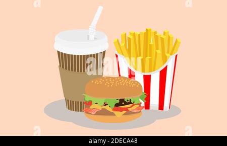 Fast food dishes isolated. French fries, hamburger and coffee  vector illustration. Stock Photo