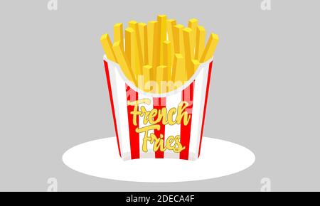 Large french fries fast food. Potato chips in red and white striped paper box. French fries packaging box flat design. Stock Photo